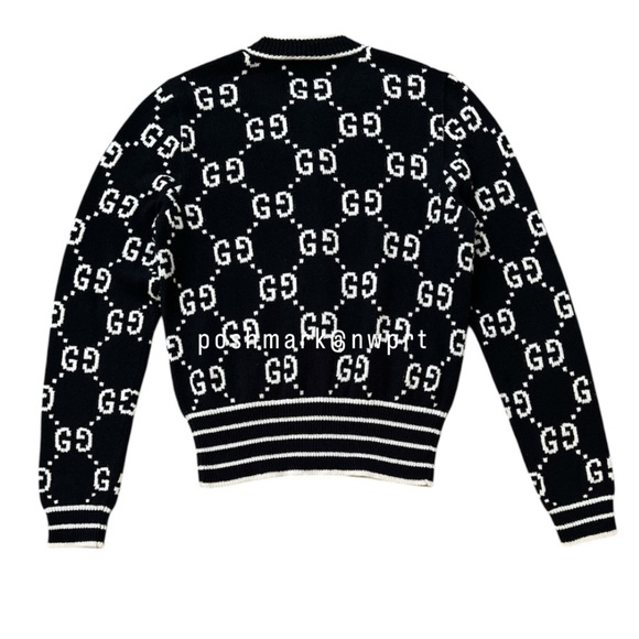GUCCI 🙌 GG Supreme Logo Cardigan Sweater Black Ivory White Cotton XS - Picture 9 of 16